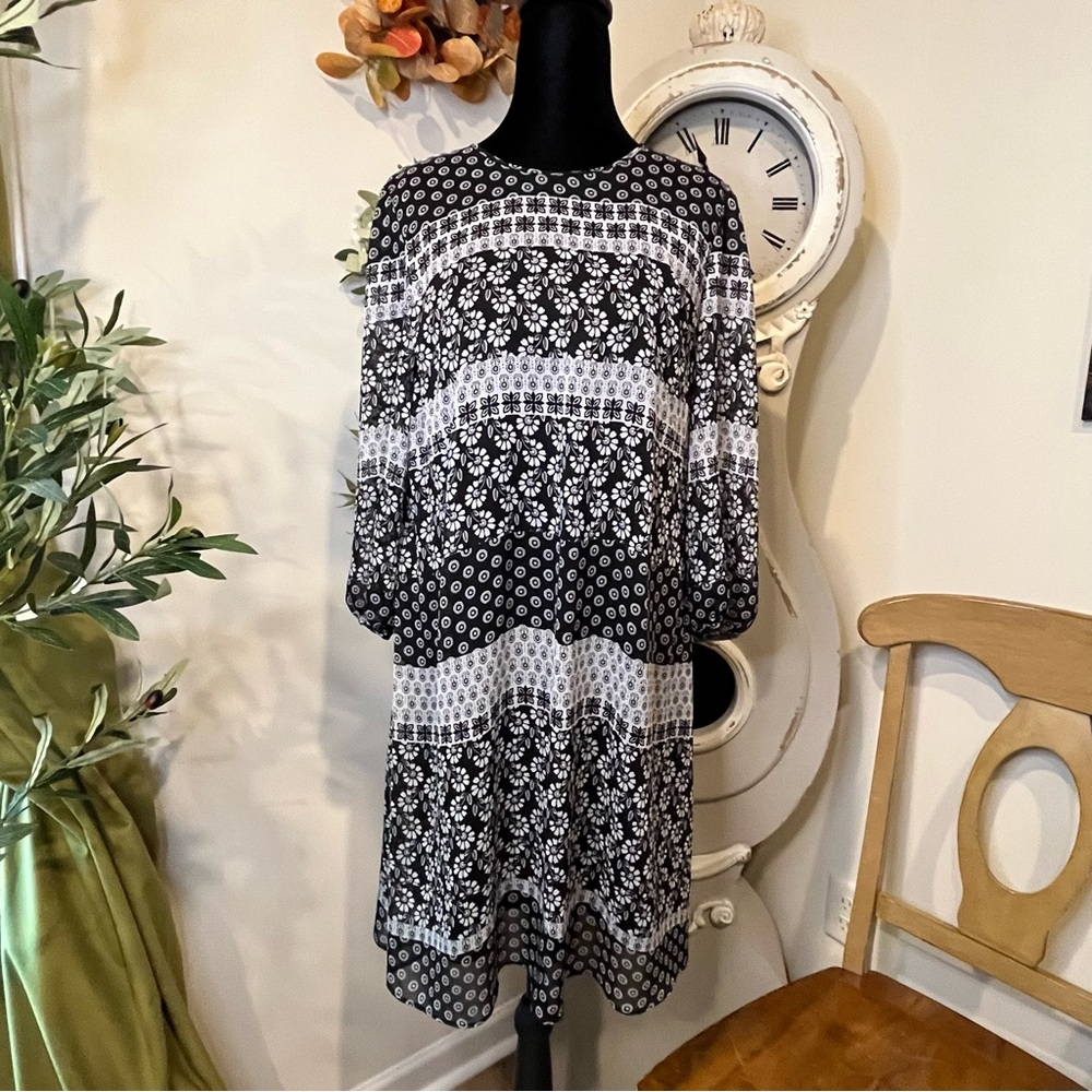 Calvin Klein Black & White Patchwork Floral 3/4 Sleeve Shift Dress Size 6 EUC
